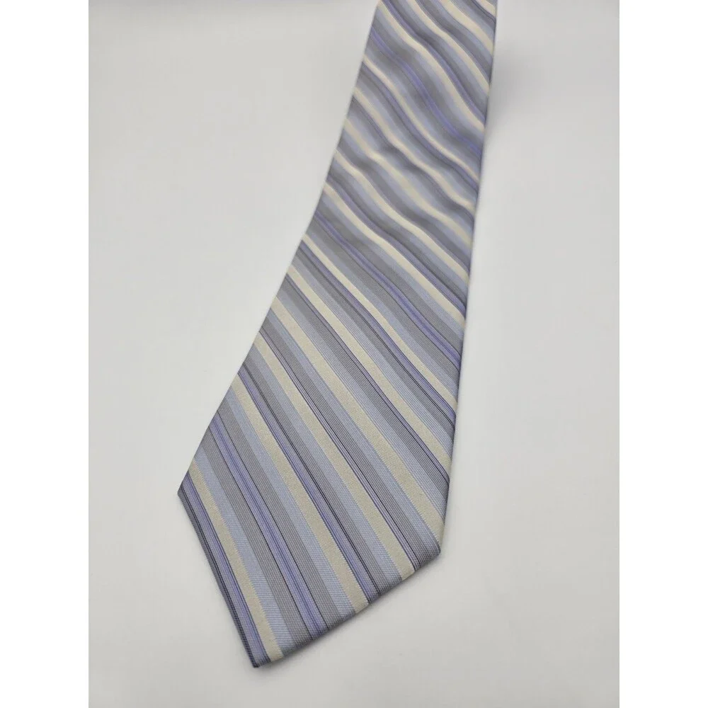 Perry Ellis Portfolio Men's Silk Tie Purple Gray Blue Cream Striped Necktie